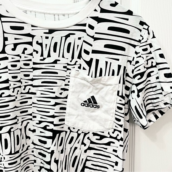 Adidas All Over Logo Print Short Sleeve Graphic T Shirt Boys Size L - Picture 6 of 7